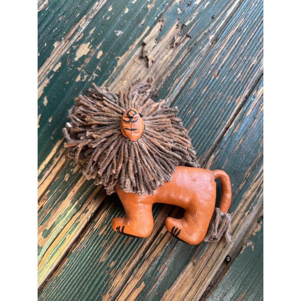Vintage Handmade Leather Lion Figurine Yarn Mane Folk Art Animal Decor A3548